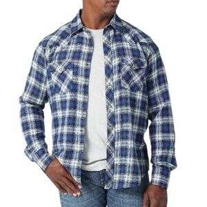 WRANGLER Retro Blue Plaid‎ Flannel Shirt Snaps 112317110 Cowboy Western Ranch L